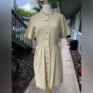Vintage 60s Handmade Tan Burlap Midi Button Front Frayed Hem Day Dress Medium